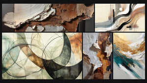 Mosaic of five paintings, including Abstract Earth and Off-White Texture, The Invisible Bonds and Golden Crest and Foam