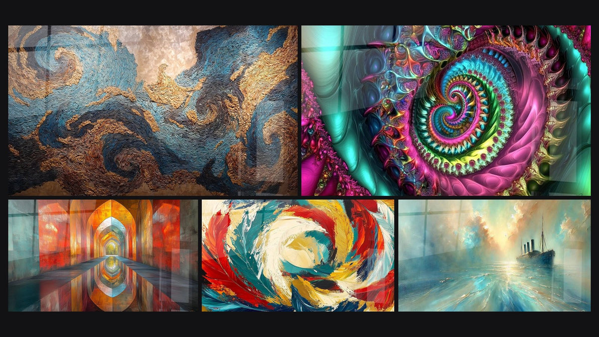Mosaico di cinque quadri, tra cui Tourbillon cosmico di, A spirale psichedelica multicolore e Volte Cangianti Vermiglio