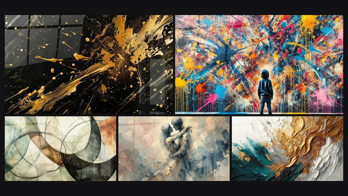 Mosaico de cinco cuadros, entre ellos Los Lazos Invisibles, Explosiones y Entre Nosotros