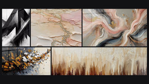 Mosaic of five paintings, including Fractured Trajectories, Dynamic explosion and Abstract textured blush gold beige