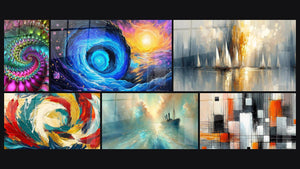 Mosaic of six paintings, including Colored Fractal Spiral, Cosmic Vortex and Cosmic Metamorphosis