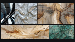 Mosaic of five paintings, including Metallic chrome spiral, Abstract swirls white pearlescent and gold and Fractured Earth