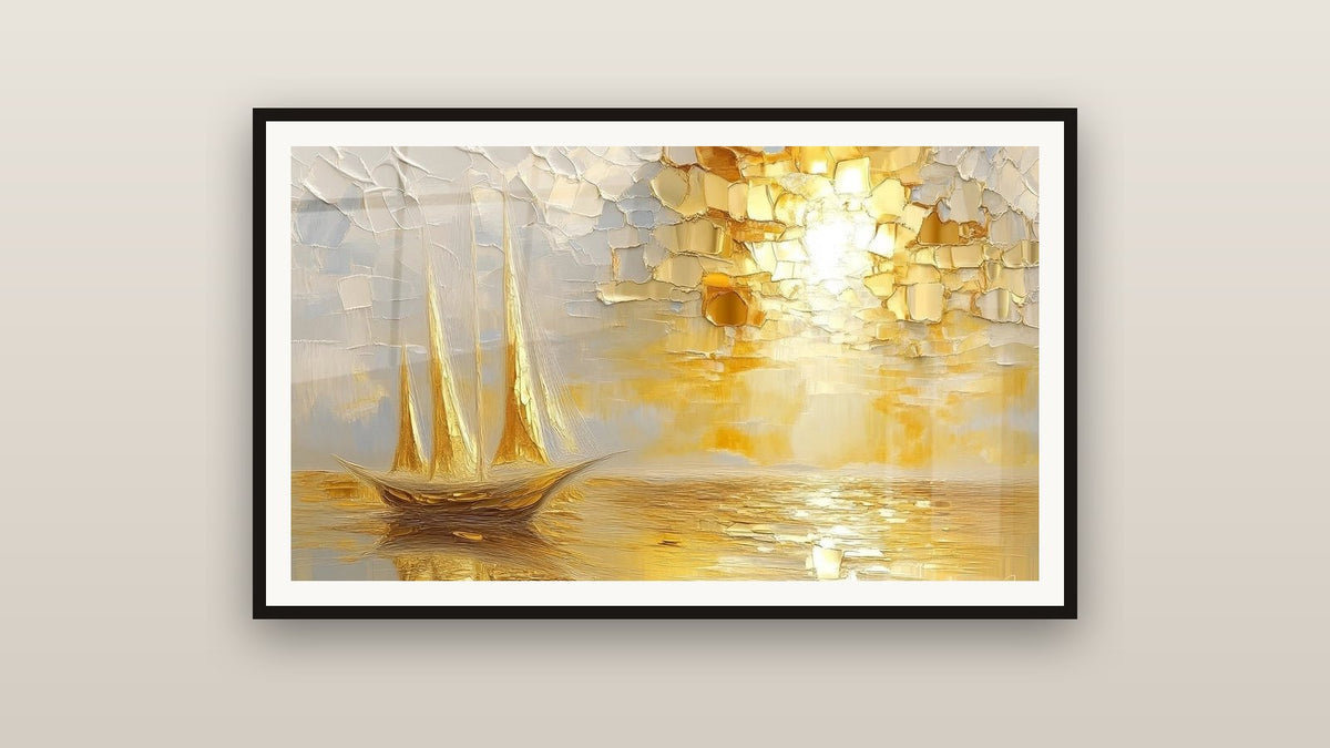 Ingelijst schilderij aan een muur: Zeilboot zonsondergang