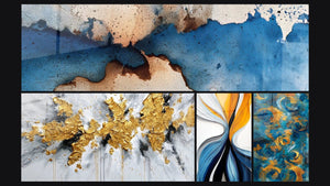 Mosaic of four paintings, including Blue and beige abstract, Dynamic Colored Flows and Golden Swirls