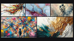 Mosaic of five paintings, including Modern Muse, Paint Bursts and Between Us
