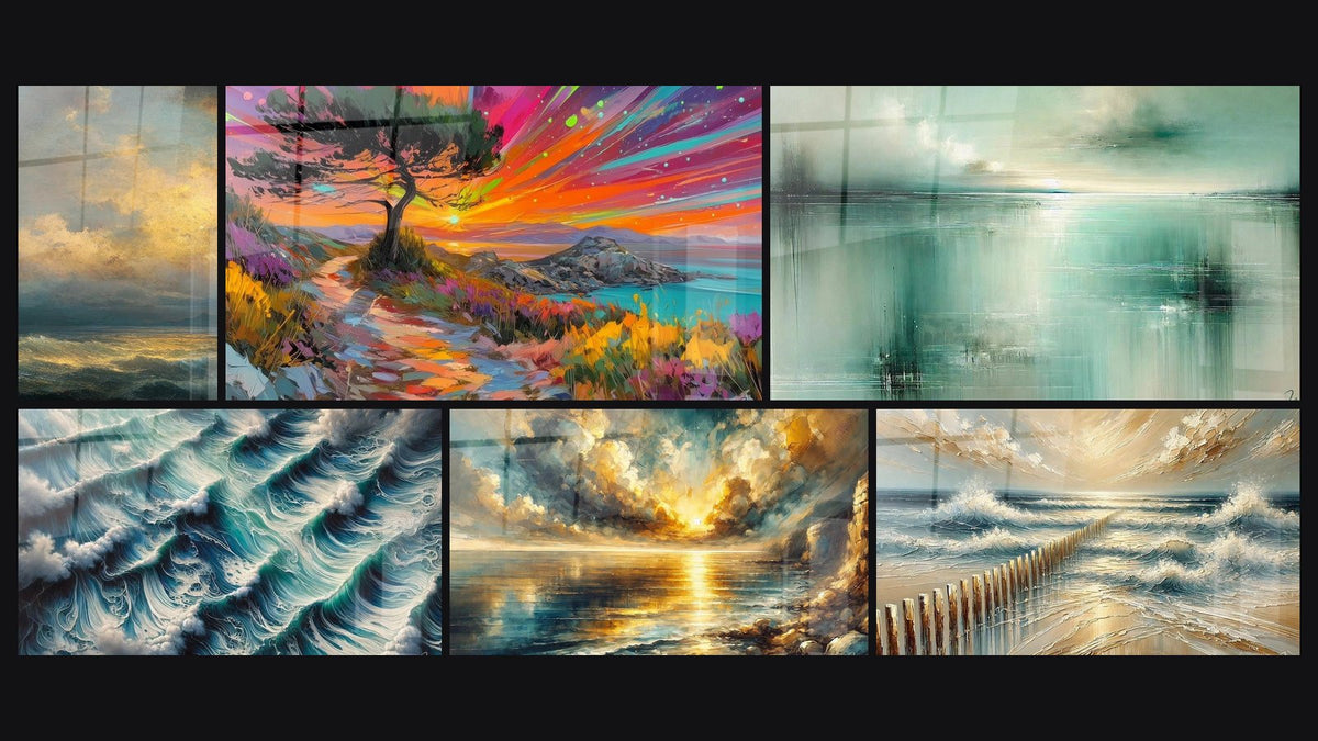 Mosaico di sei quadri, tra cui Con tramonto sul mare agitato, Al tramonto sul mare e Sussurri Abissali