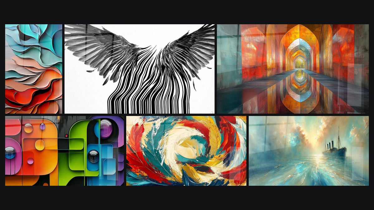 Mosaïque de six tableaux, dont Formes ondulantes fluides, Typographie multicolore et Voûtes Chatoyantes Vermillon