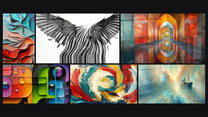 Mosaic of six paintings, including Undulating fluid forms, Multicolor typography and Arched Iridescent Vermillion