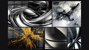 Mosaic of five paintings, including Metallic Whirlpool, Abstract Sphere and Metallic chrome spiral