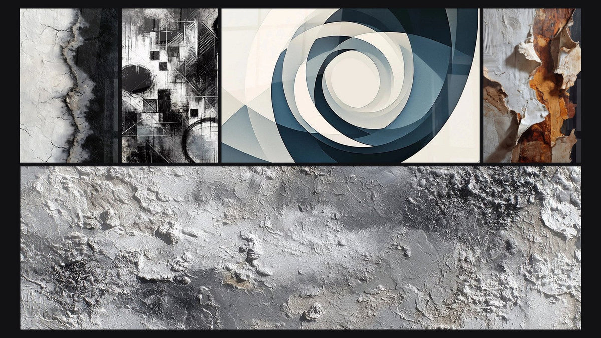 Mosaic of five paintings, including Fragments of Absolute, Gray and Silvered Mineral Abstract Texture and Vortex Azure