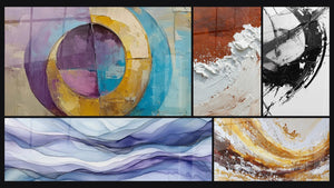 Mosaic of five paintings, including Concentric Colored Circles, Dreamy Scrolls Periwinkle and The Break in Time