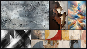 Mozaïek van vijf schilderijen, waaronder Abstract zilverkleurig grijs textuur en Resonantie van Hemelse Tinten