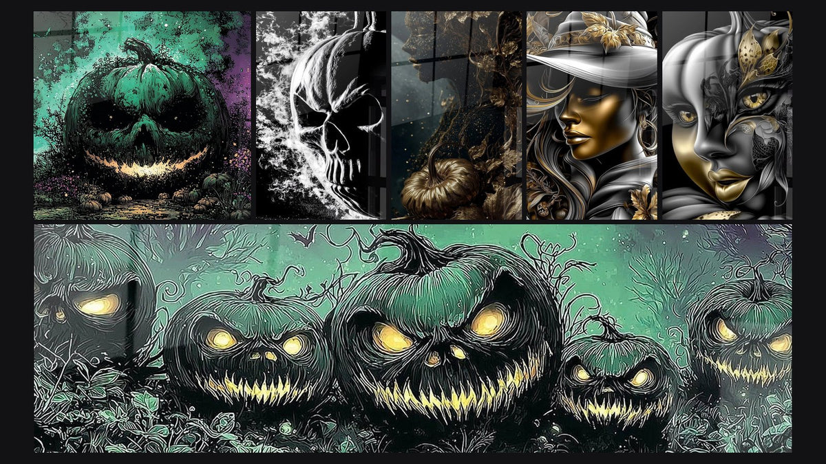 Mosaico de seis cuadros, entre ellos Calabaza Grimace Sombría y Calabazas Centinelas del Reino Oscuro