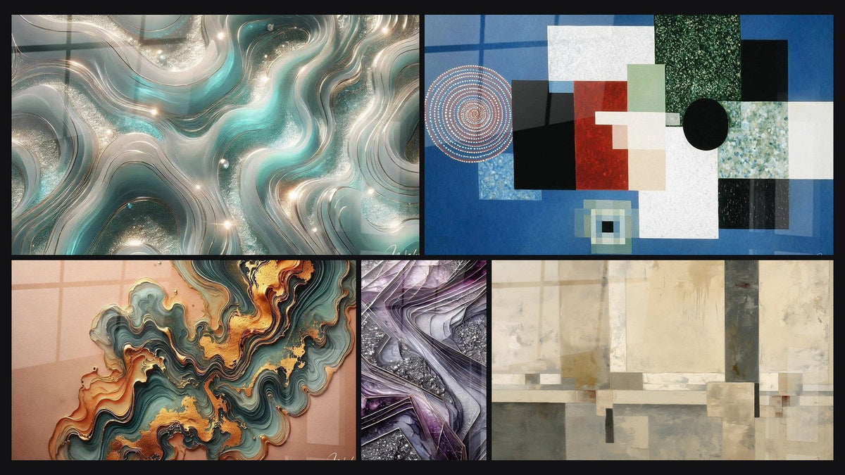 Mosaïque de cinq tableaux, dont Ondes Scintillantes, Onde Cuivré et Lames de Quartz