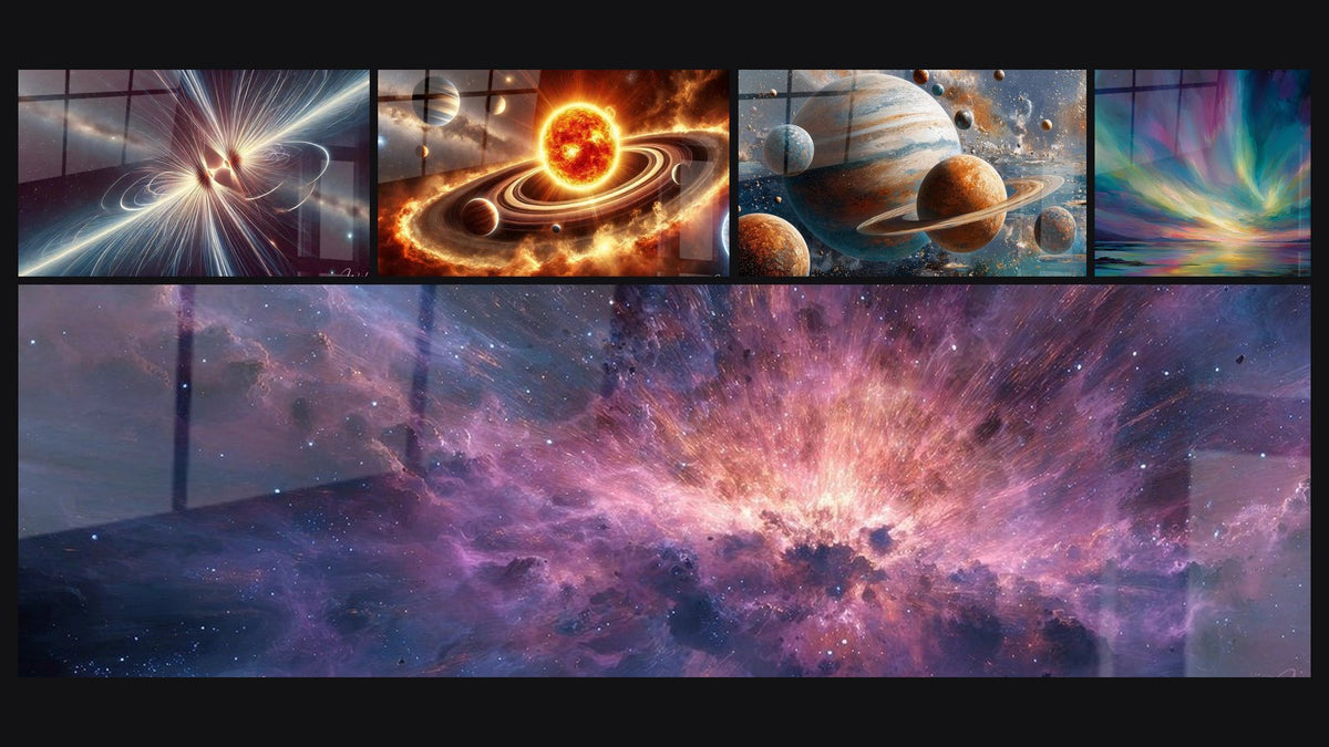 Mosaic of five paintings, including Cosmic Connection, Dance of the Titans and Cosmic Nebula