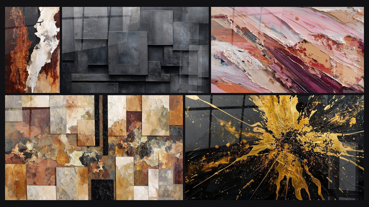 Mozaïek van vijf schilderijen, waaronder Abstract geometrisch grijs kolen zwart