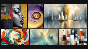 Mosaico de seis cuadros, entre ellos Perfil femenino abstracto, Espiral dorado y violeta y Metamorfosis Cósmica