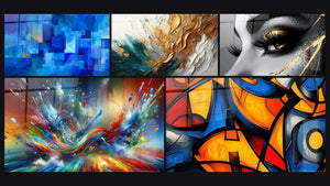 Mosaico de cinco cuadros, entre ellos Mosaico Azul Abstracto, Abstracto Big Bang Explosivo y Trazos en Oro y Jade