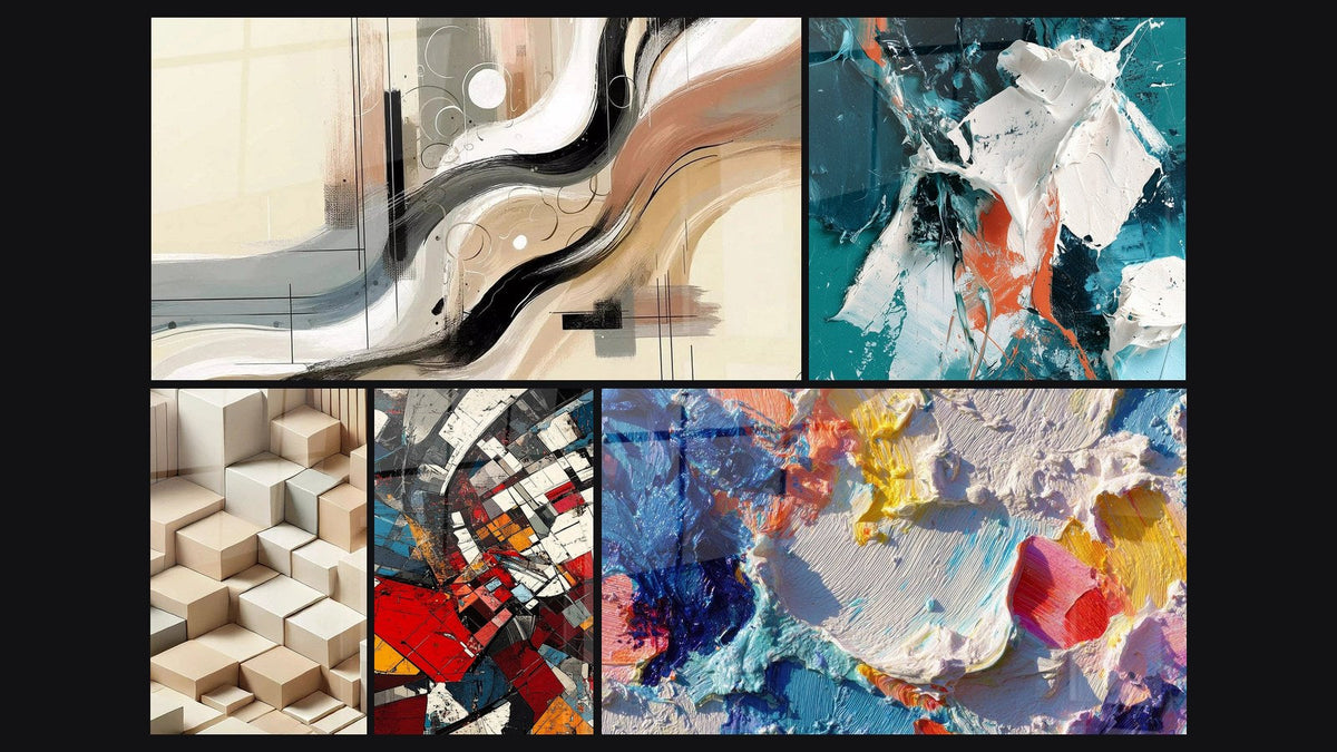 Mosaic of five paintings, including Sillage Abstract, Minimalism Sculpted and Architectural Revolution Modern