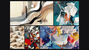 Mozaïek van vijf schilderijen, waaronder Abstract Zilt, Minimalistisch Gesculpteerd en Moderne Architectonische Revolutie