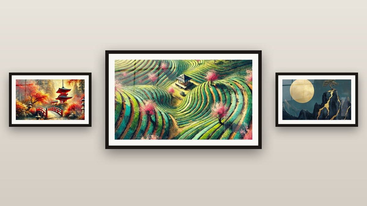 Gallery wall with three framed paintings: Japanese Wall Art N°6, Japanese Landscape Wall Art No.1 and Zen Shore