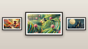 Galerijwand met drie ingelijste schilderijen, waaronder Japanse Prent nr. 6 en Zen Kustlijn