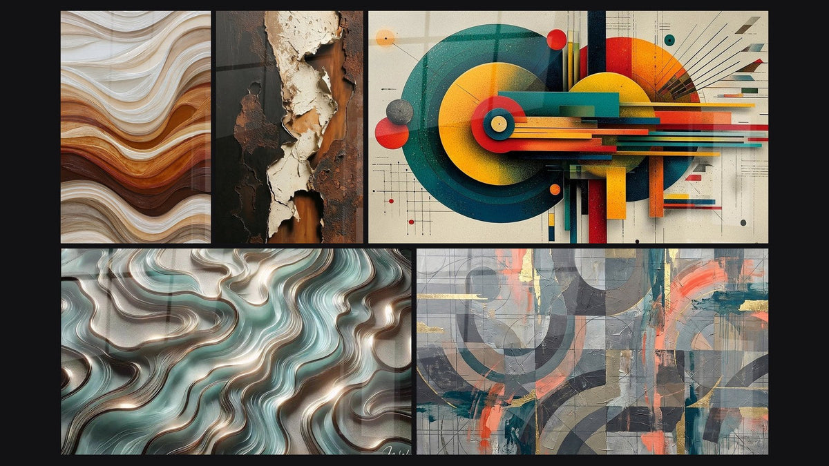 Mosaic of five paintings, including Ethereal Curves, Grey and Coral Circles Intertwined and Geometric Concentric Energy