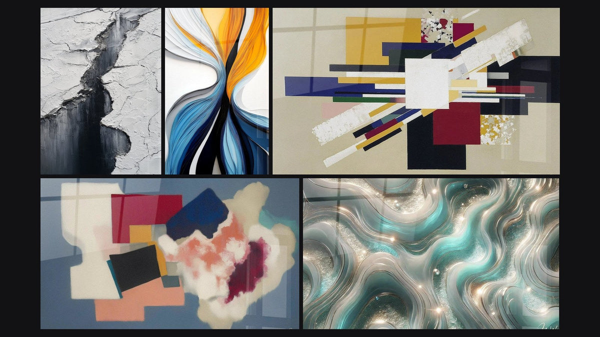 Mosaic of five paintings, including Glacier Crevasse Wall Art Grey and Black and Dynamic Colored Flows