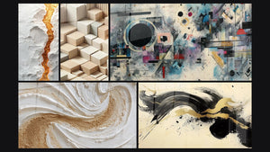 Mozaïek van vijf schilderijen, waaronder Minimalistisch Gesculpteerd en Gepassioneerd Elan