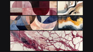 Mozaïek van vijf schilderijen, waaronder Gracieuze Bogen Terracotta, Eeuwig Getij Goud en Abstract Zilt