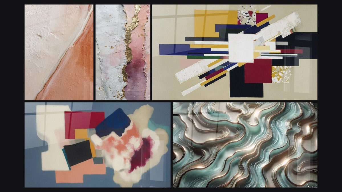 Mosaico de cinco cuadros, entre ellos Formas geométricas poesía cuadrada y Composición Geométrica Tensión Creativa
