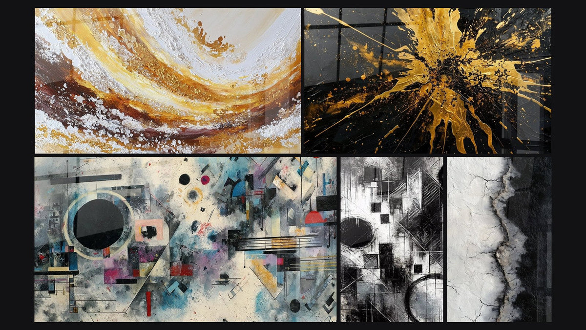 Mosaic of five paintings, including Abstract Geometric Composition and Fragments of Absolute