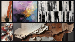 Mosaico de cinco cuadros, entre ellos Ruido Dinámico Explosivo y Texturas abstractas tierra y blanco roto