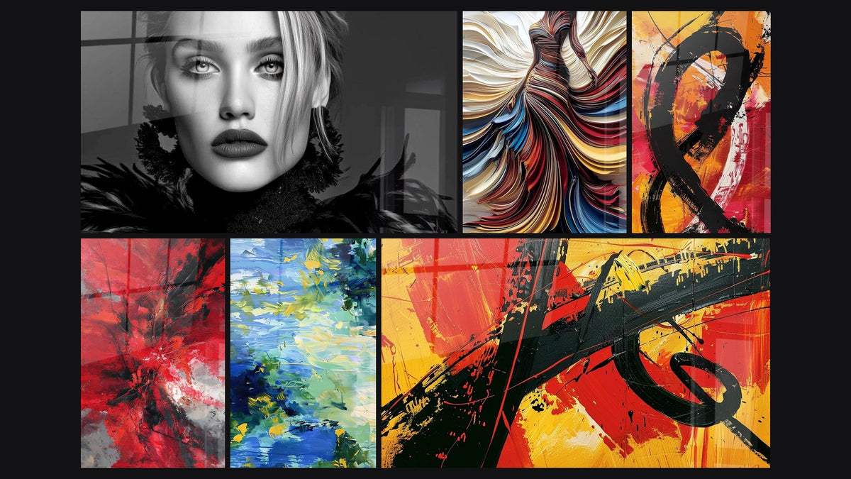 Mosaico de seis cuadros, entre ellos Retrato Mujer, Abstracto explosión roja y Abstracto oceánico