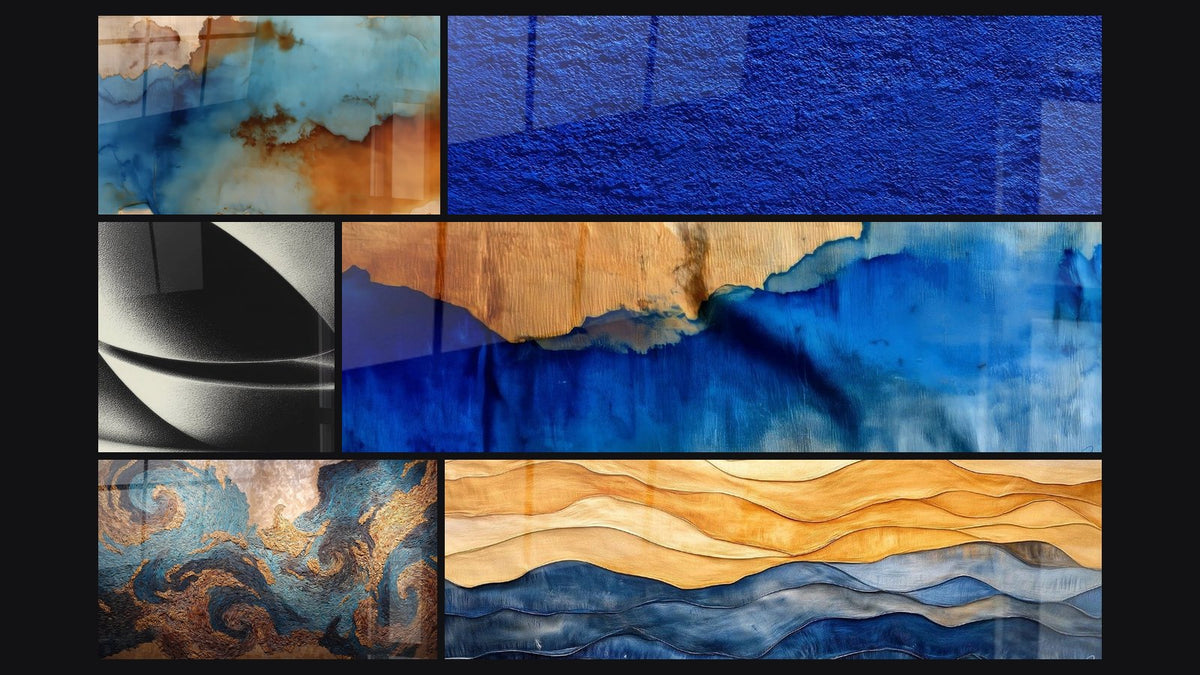 Mosaic of six paintings, including Abstract Clouds, Abstract Sphere and Blue Waves and Wood