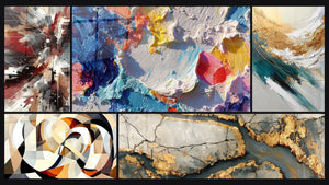 Mosaico de cinco cuadros, entre ellos Ruido Dinámico Explosivo y Formas circulares entrelazadas