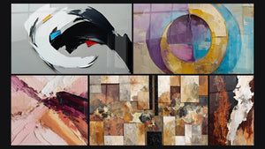 Mosaic of five paintings, including Dynamic Abstract and Concentric Colored Circles