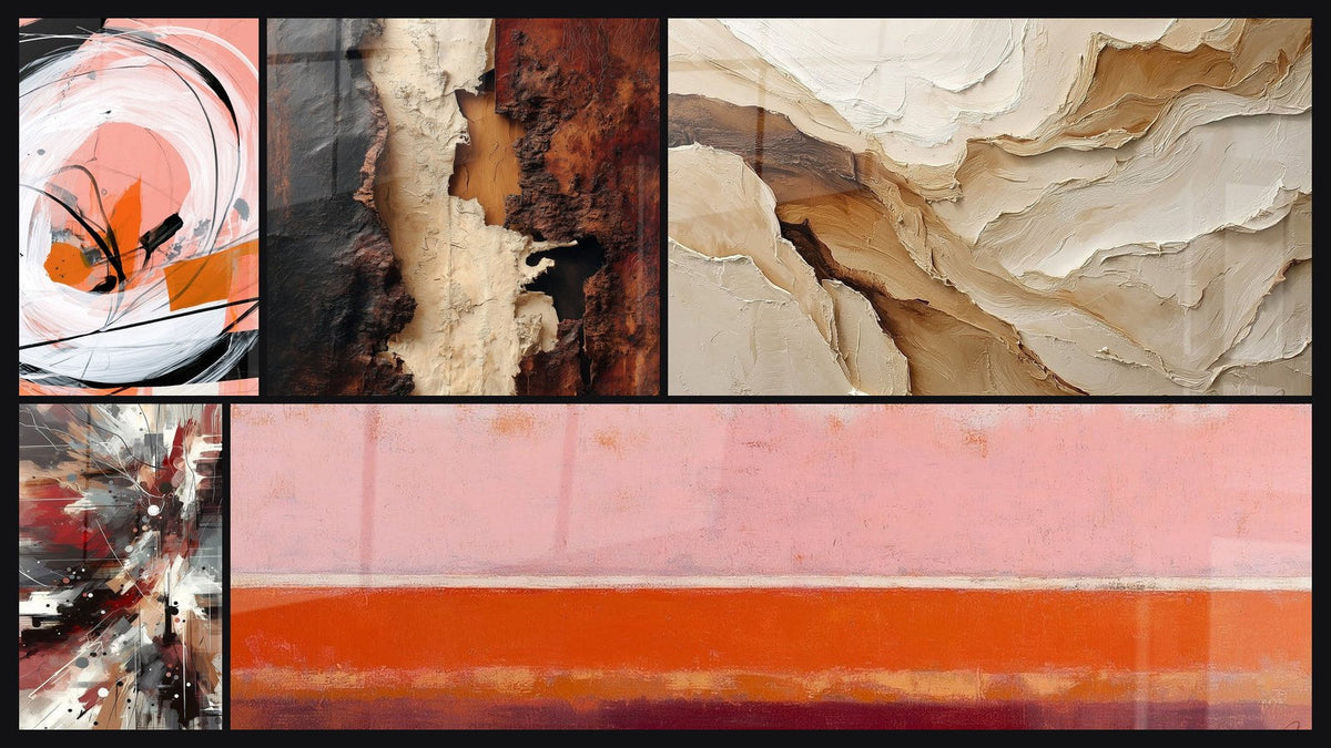 Mosaic of five paintings, including Dynamic Explosive Noise Abstract and Abstract Beige and Earth