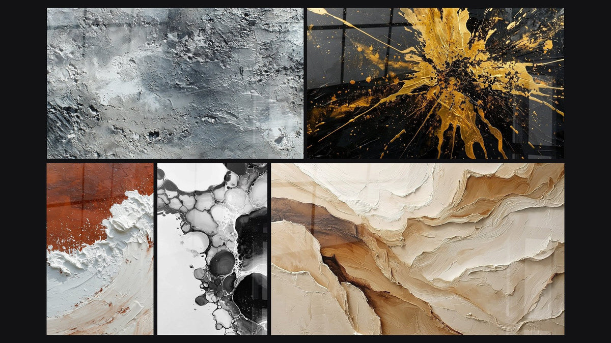 Mosaico de cinco cuadros, entre ellos Abstracto gris plateado texturizado y Abstracta Tierra y Blanco Material Grueso