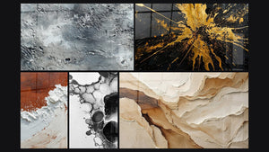Mozaïek van vijf schilderijen, waaronder Abstract zilverkleurig grijs textuur en Abstract Aarde en Wit Dikke Textuur