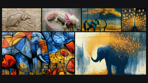 Mosaïque de six tableaux, dont Éléphant bleu sarcelle sous acacia doré et Éléphant bleu et orange parmi coquelicots