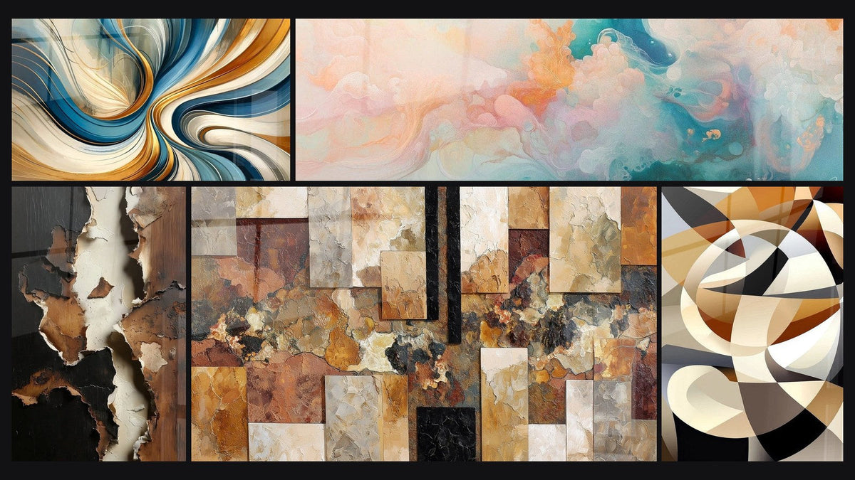 Mosaico de cinco cuadros, entre ellos Espirales Elegantes, Formas circulares entrelazadas y Nubes Flotantes Rosado