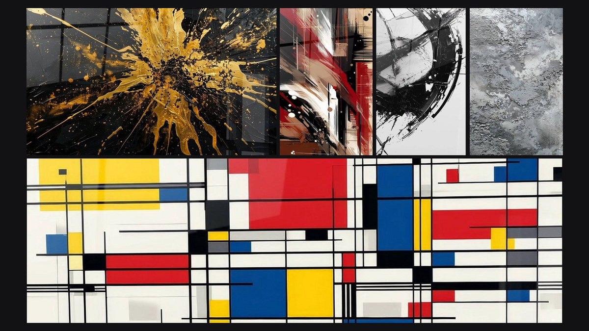 Mosaic of five paintings, including Structured Disorder Abstract, The Break in Time and Geometric Composition