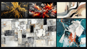 Mosaïque de cinq tableaux, dont Tempête Solaire Abyssale, Abstrait Mosaïque Grise et Beige et Sillage Abstrait