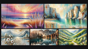 Mosaïque de cinq tableaux, dont Beauté du Soir, Plage des Rêves et Fleurs et Sommets