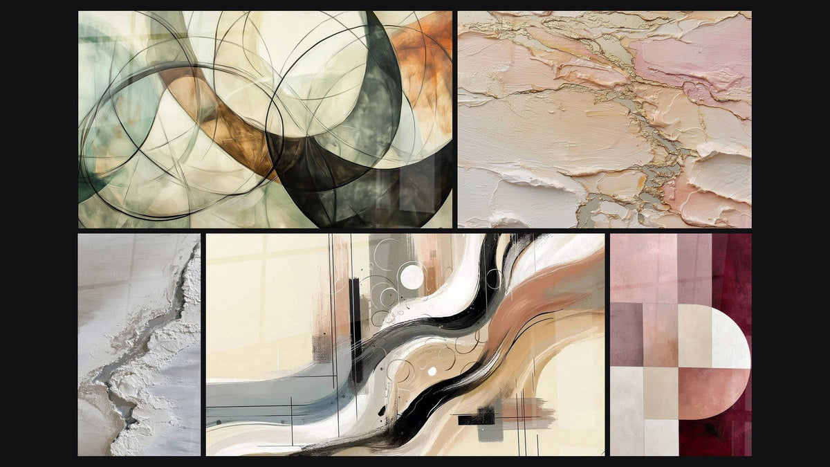 Mosaic of five paintings, including The Invisible Bonds, Abstract textured blush gold beige and Sillage Abstract