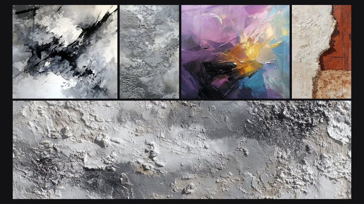 Mozaïek van vijf schilderijen, waaronder Abstracte gekleurde explosie