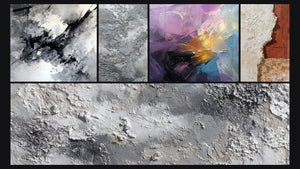 Mosaico de cinco cuadros, entre ellos Explosión de colores abstracta y Textura Abstracta Gris y Plateado Mineral