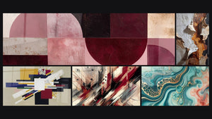 Mosaico de cinco cuadros, entre ellos Composición Geométrica Tensión Creativa, Turbulencia Artística y Marea de Acuarela