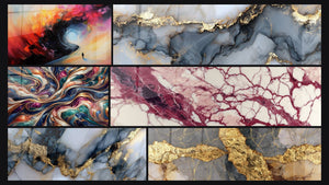 Mosaico de seis cuadros, entre ellos Espiral cósmico silueta, Cosmos Encantado y Vetas púrpuras y crema sobre fondo crú